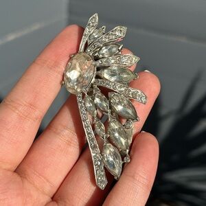 Vintage Eisenberg Original Feather Wing Flower Branch Rhinestone Fur Clip Brooch